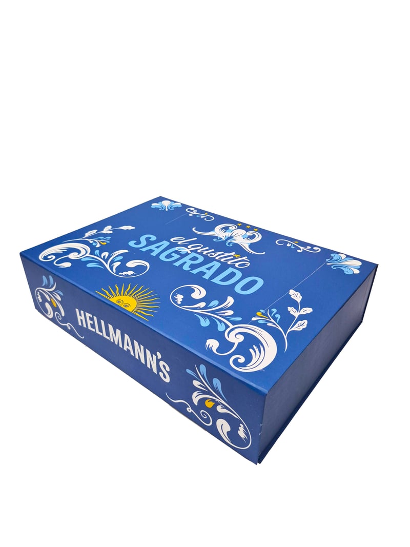 Caja rígida imantada Hellmann's edición Asado Sagrado azul, fabricada por Sellerpack