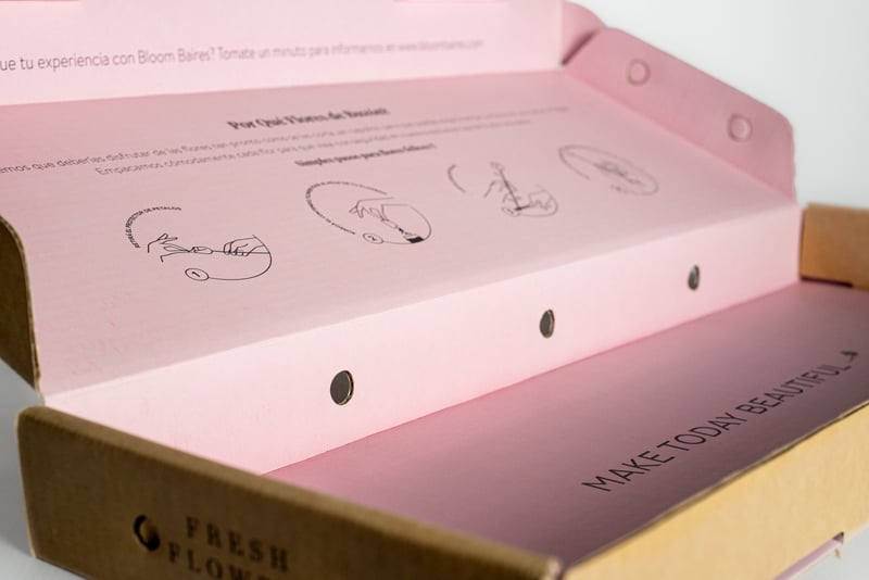 Detalle interior de letterbox Bloom Baires con instrucciones visuales paso a paso y texto "FRESH FLOWERS / MAKE TODAY BEAUTIFUL".