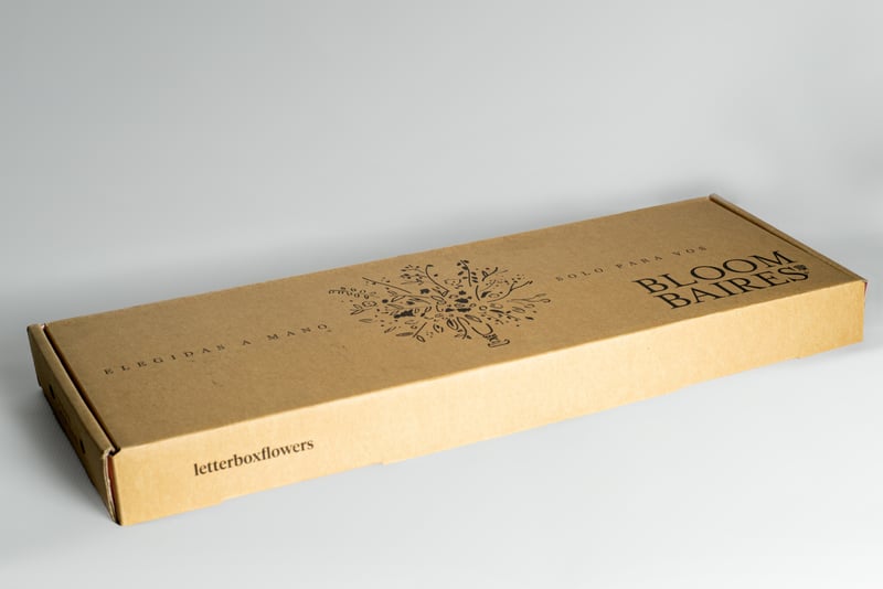 Letterbox Bloom Baires en kraft natural cerrado, vista frontal con texto "BLOOM BAIRES" grande y dibujos de flores.