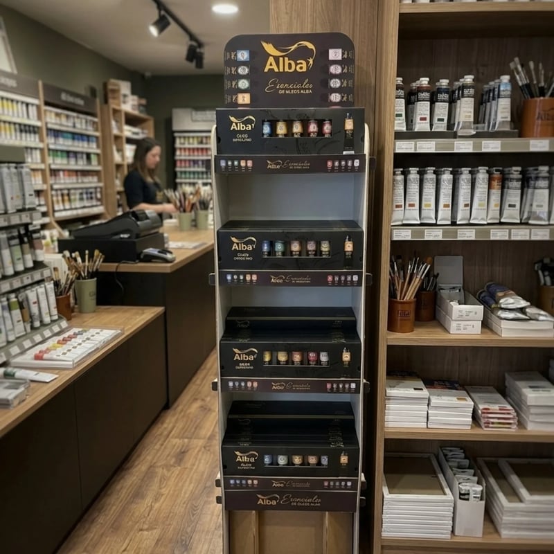 Exhibidor de pie de cartón impreso para Alba en una librería de arte