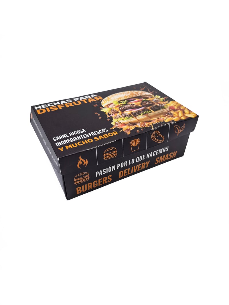 Caja para hamburguesa impresa en negro y naranja, cerrada, fabricada por SellerPack