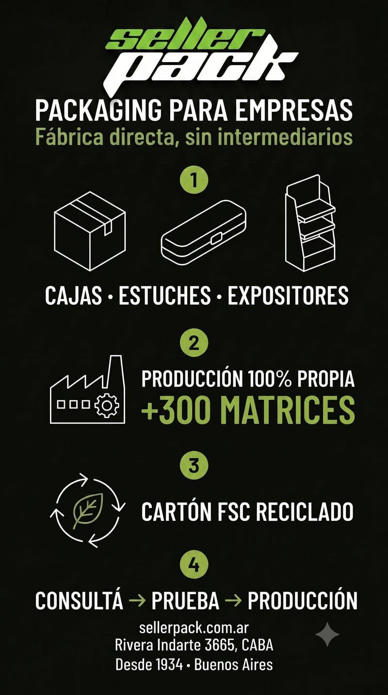 Infografía: packaging para empresas — fábrica SellerPack en Buenos Aires, producción propia, +300 matrices, cartón FSC reciclado