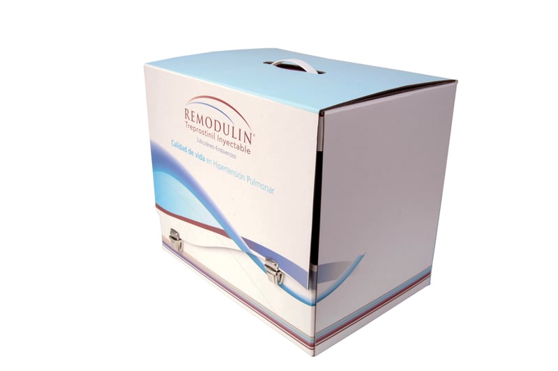 Caja Remodulin Bagó cerrada con asa troquelada superior.